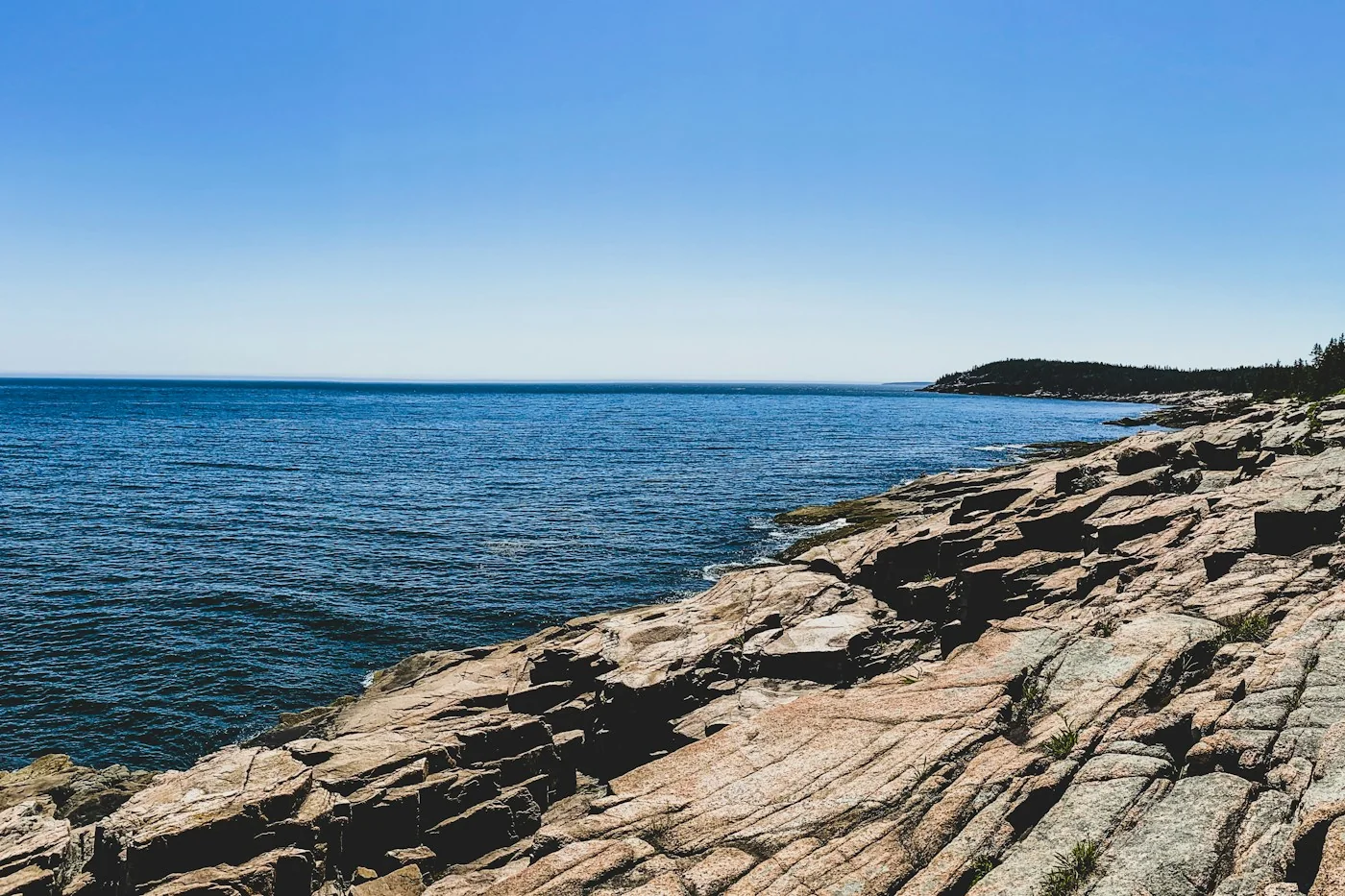 Open water meets a broad shelf of pink granite along Acadia’s coast