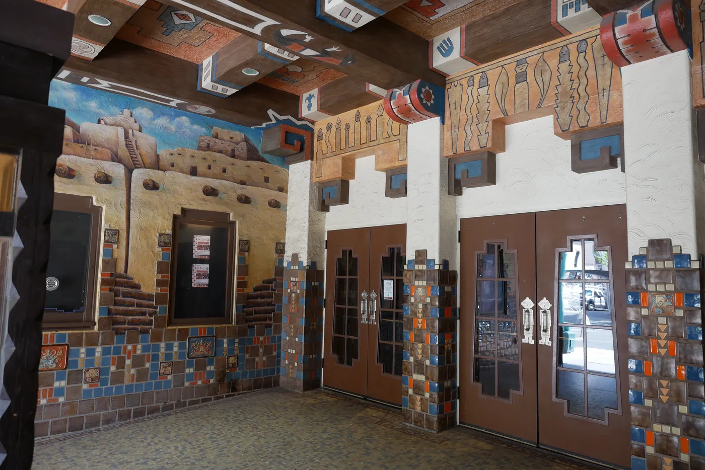 Colorful Pueblo Deco details inside the entrance of KiMo Theatre in Downtown Albuquerque