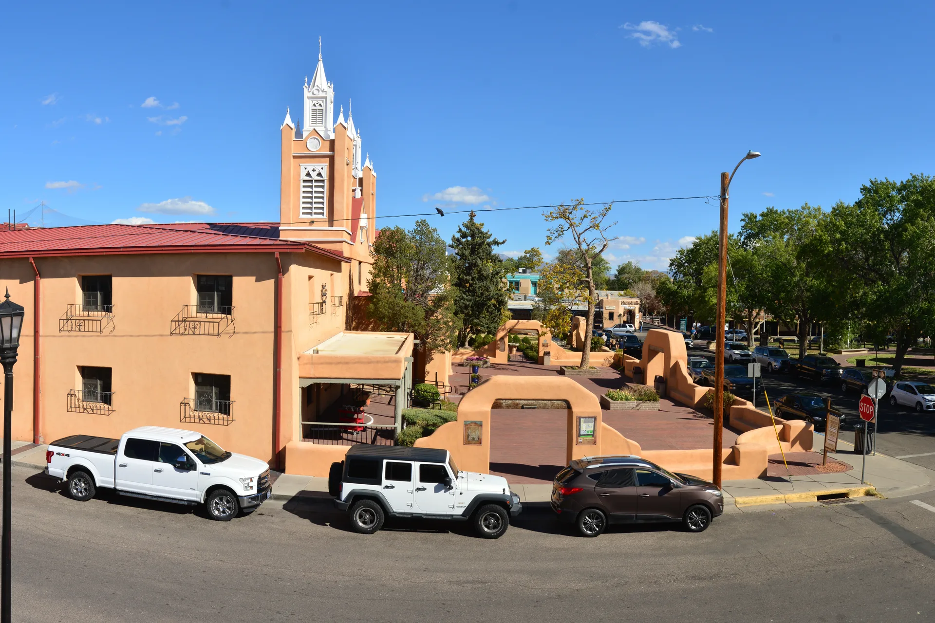San Felipe de Neri Church and adobe buildings beside Albuquerque Old Town Plaza