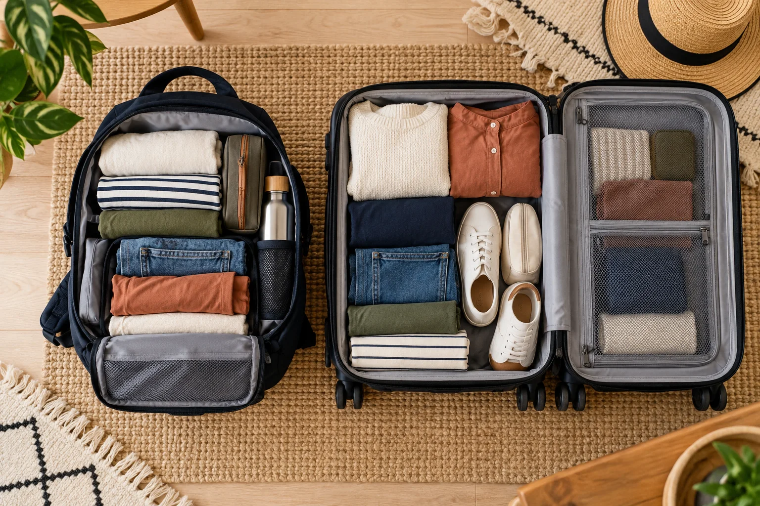 Illustrative overhead comparison of a personal-item backpack and a small rolling carry-on packed for a weekend