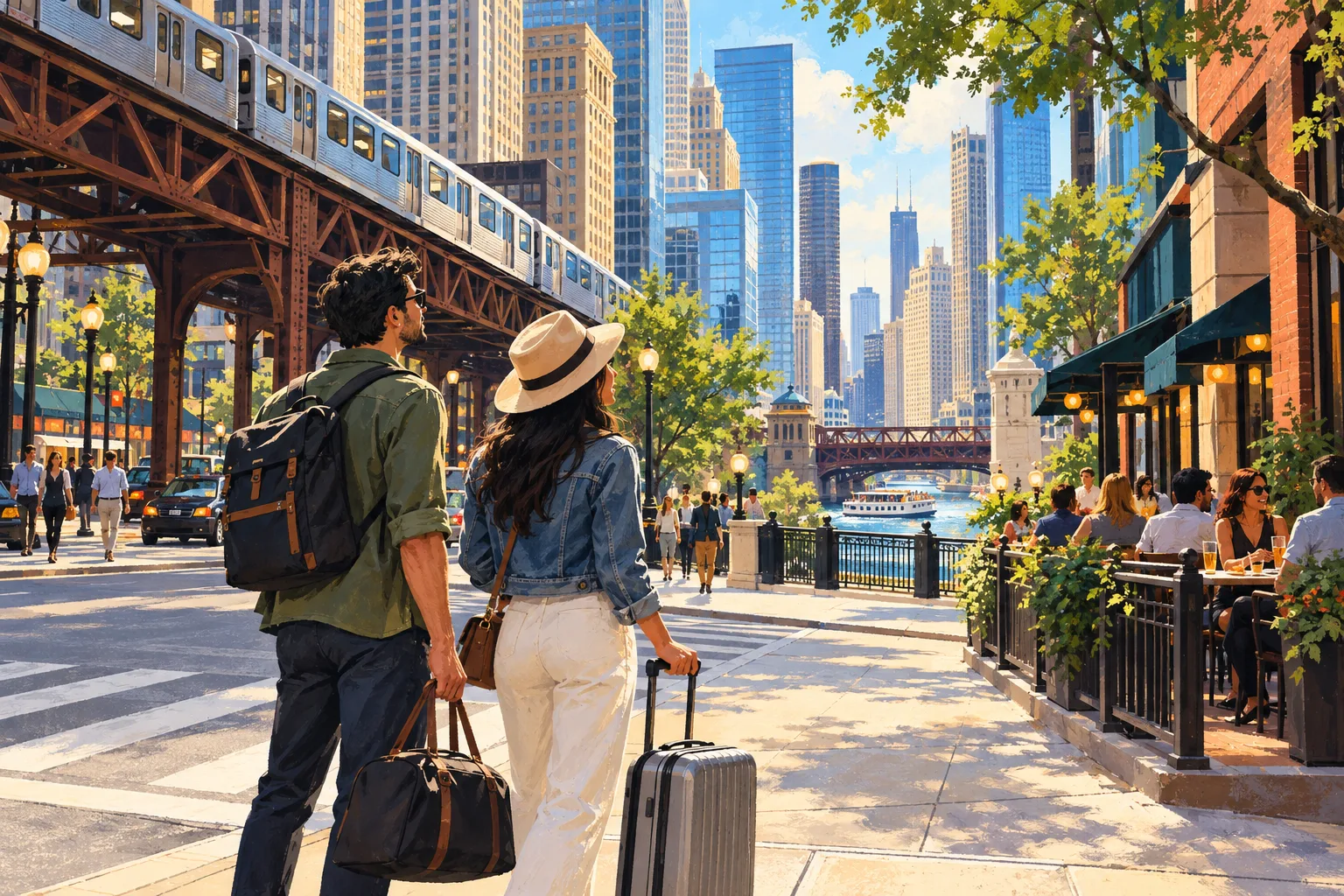 Illustrated weekend travelers choosing between Chicago transit, river sights, and a lively dining street
