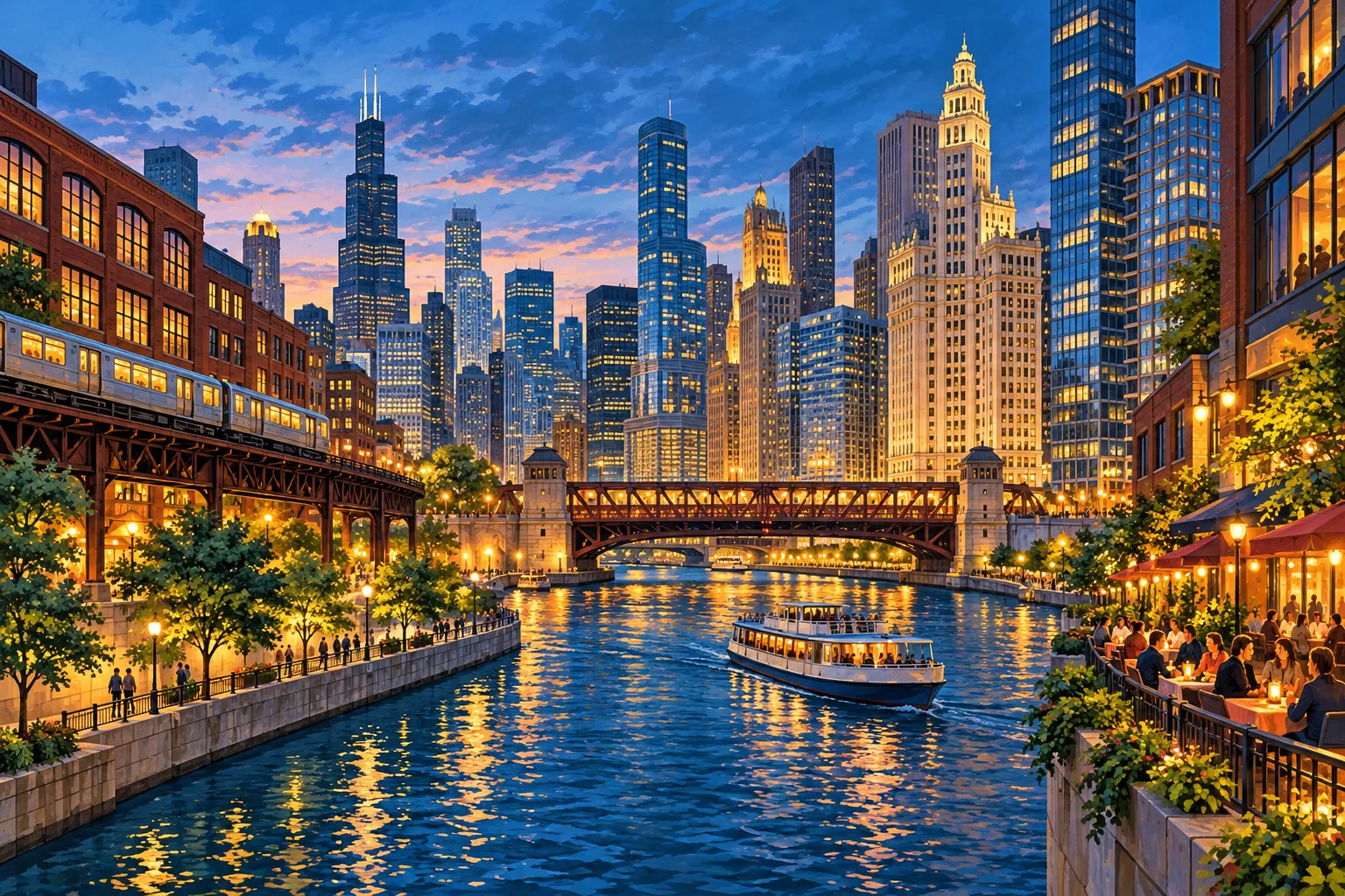 Illustrated Chicago River scene connecting downtown towers, elevated trains, and lively dining streets