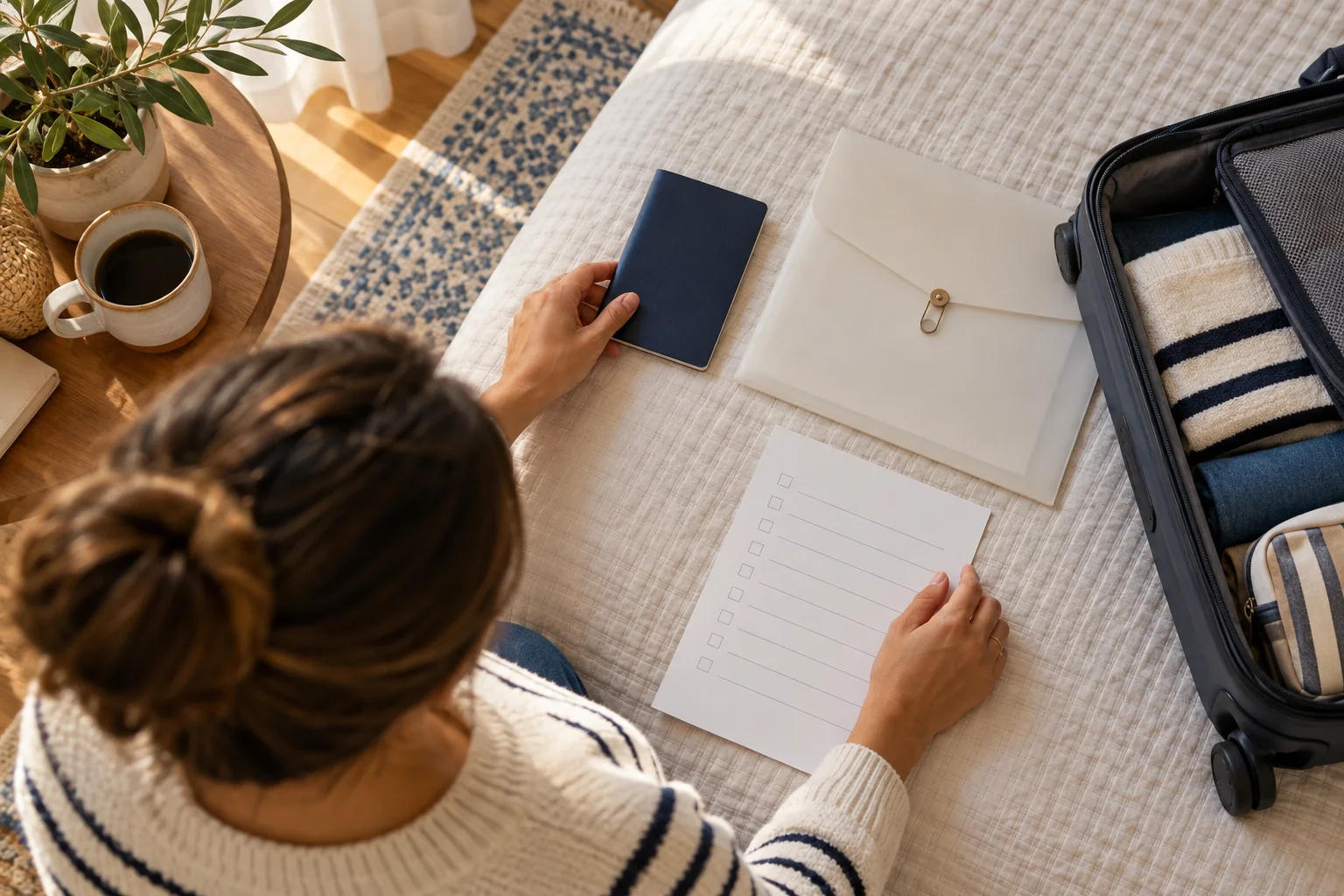 Illustrative overhead view of cruise travel documents being prepared beside a carry-on