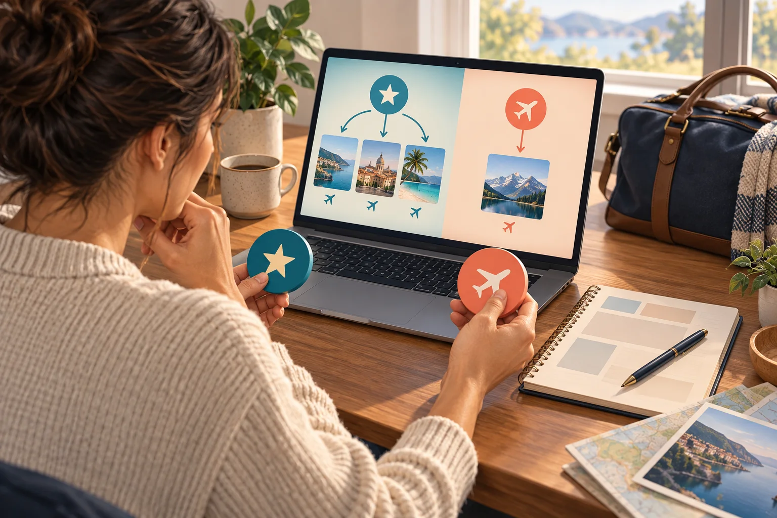 Illustrated traveler comparing flexible travel points with airline-specific miles before booking