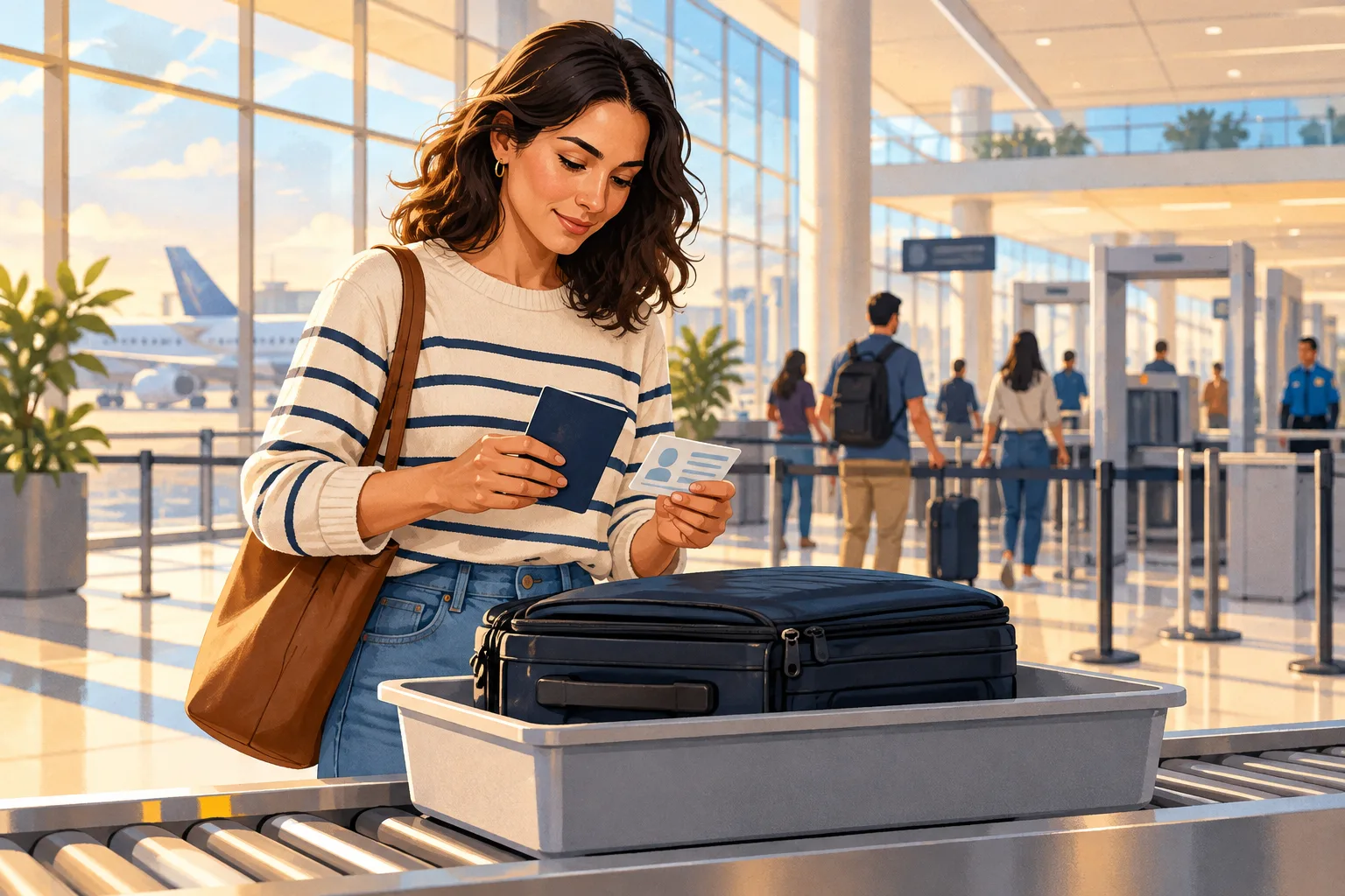Illustrated weekend traveler preparing an abstract passport and identity card at an airport checkpoint
