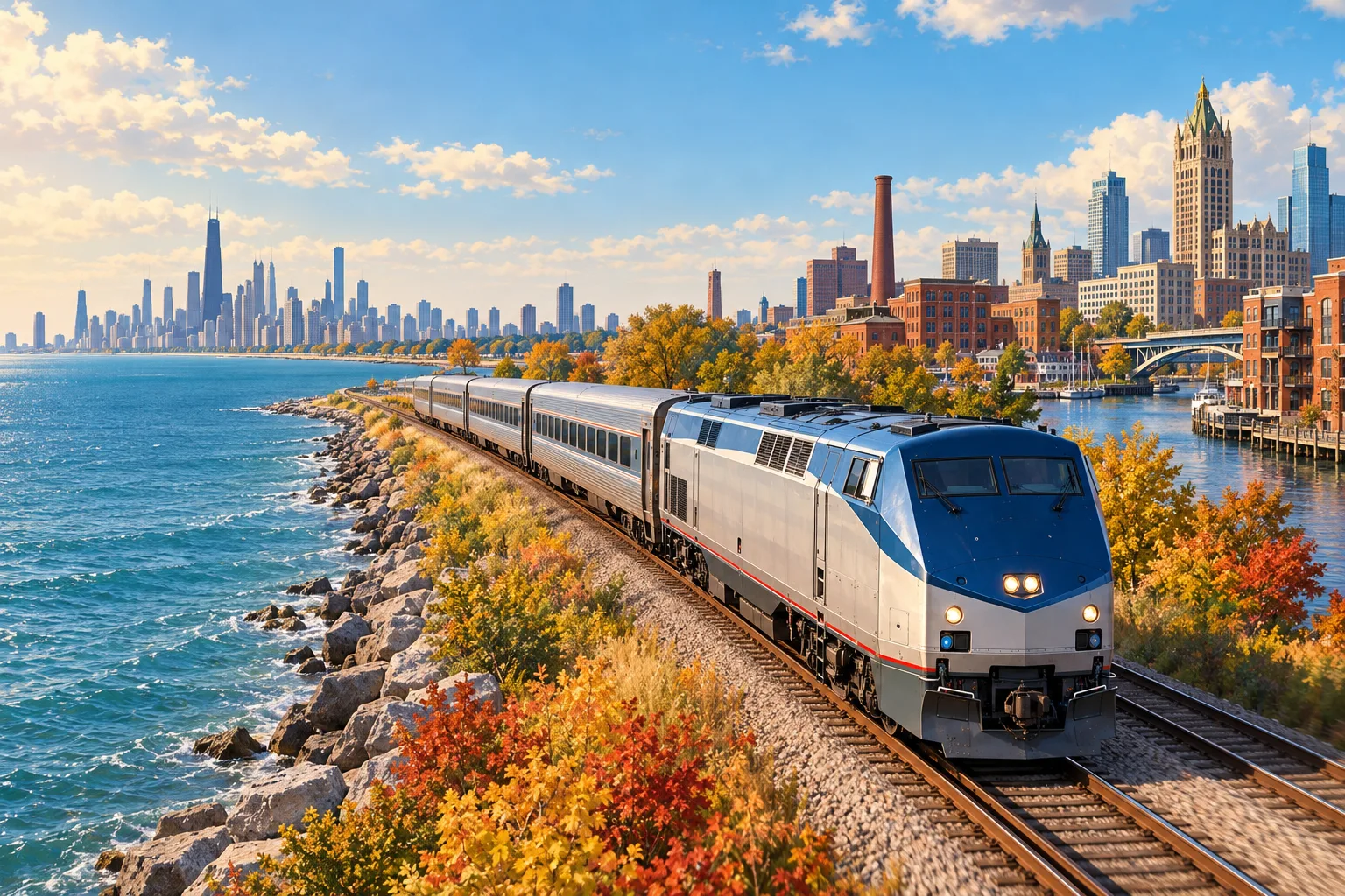 Illustrated intercity passenger train traveling between Chicago and Milwaukee beside Lake Michigan in autumn