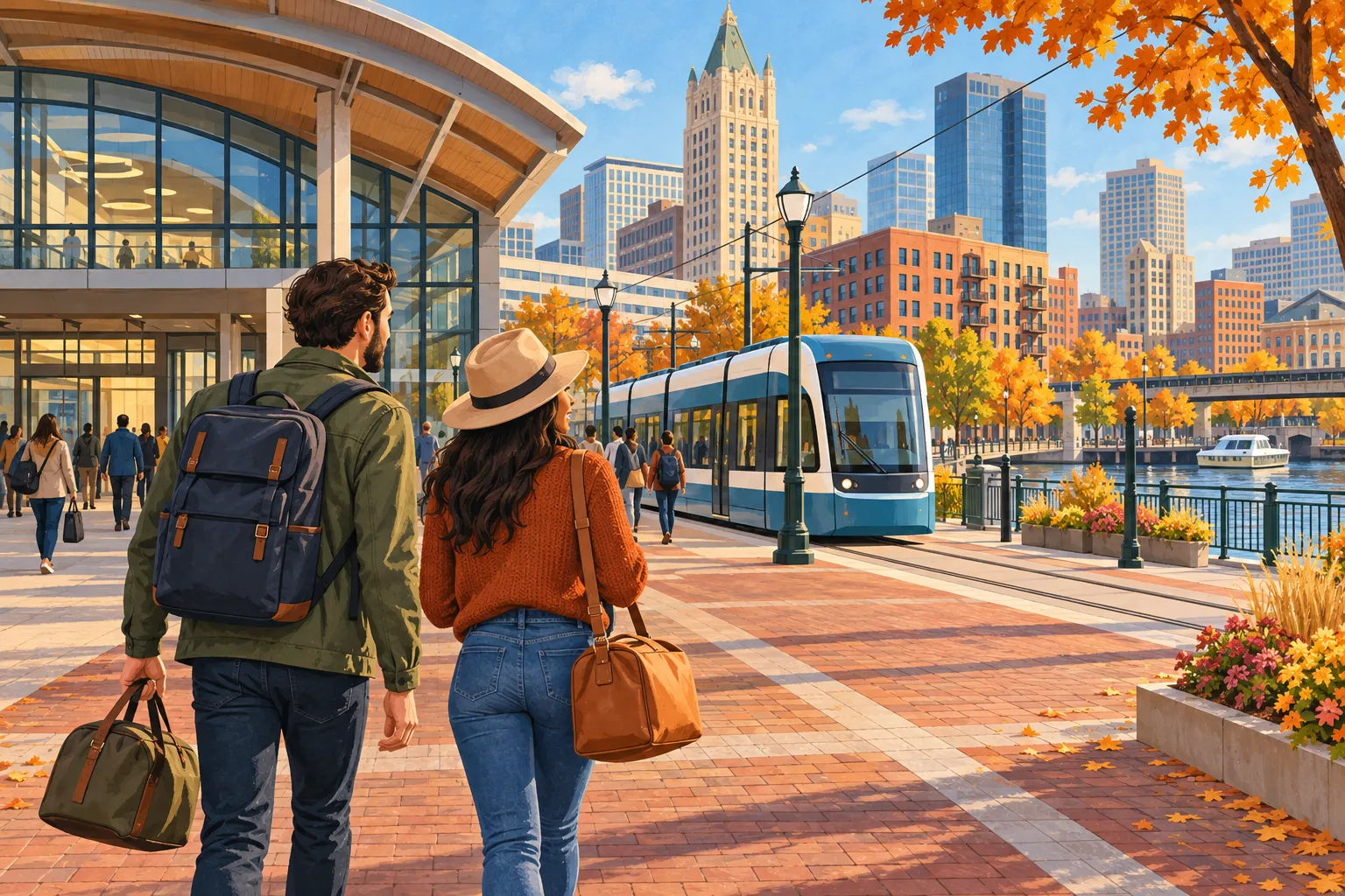 Illustrated weekend travelers leaving a Milwaukee rail station for a downtown streetcar and walkable riverfront