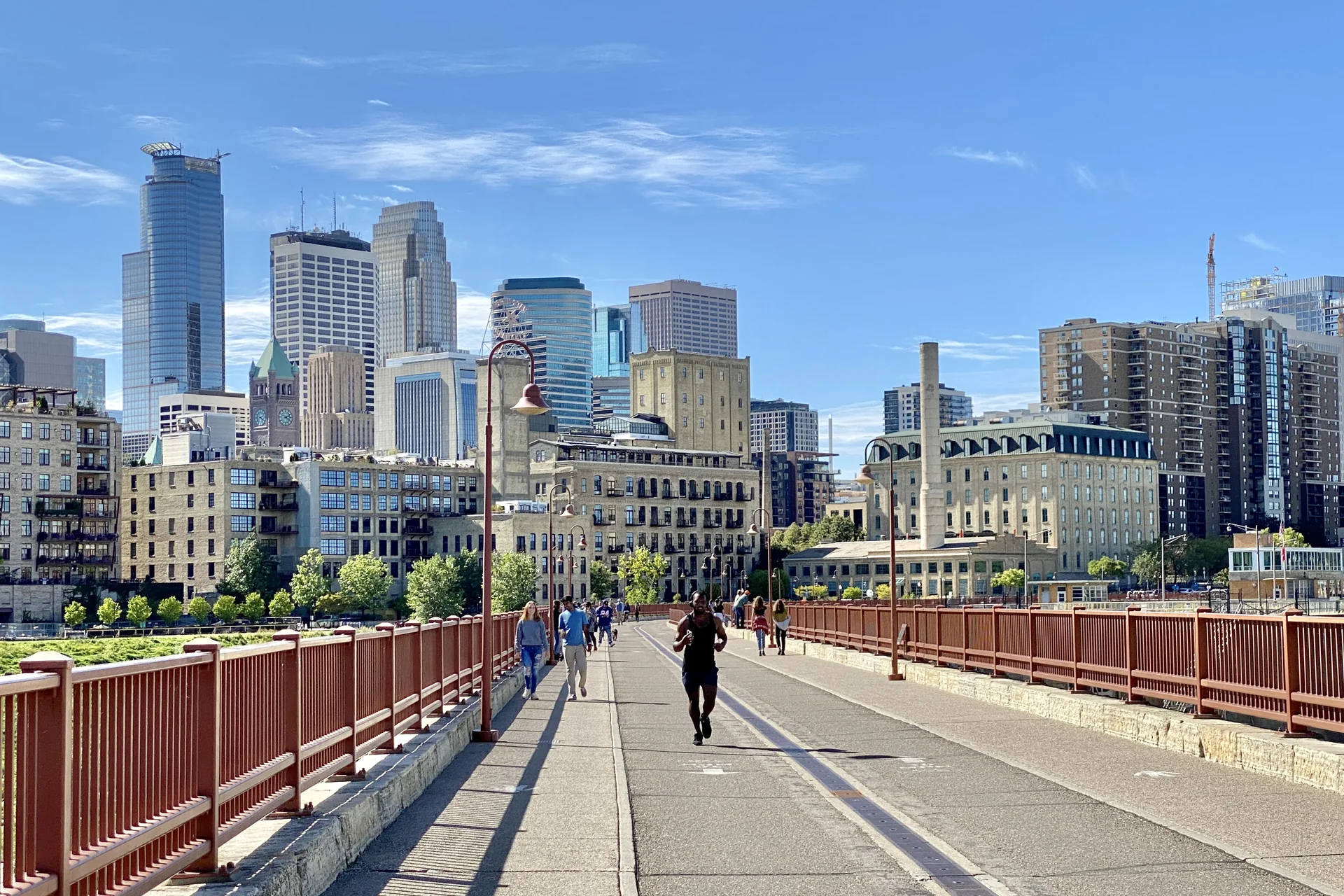 Downtown Minneapolis skyline seen from the Stone Arch Bridge in the Mill District
