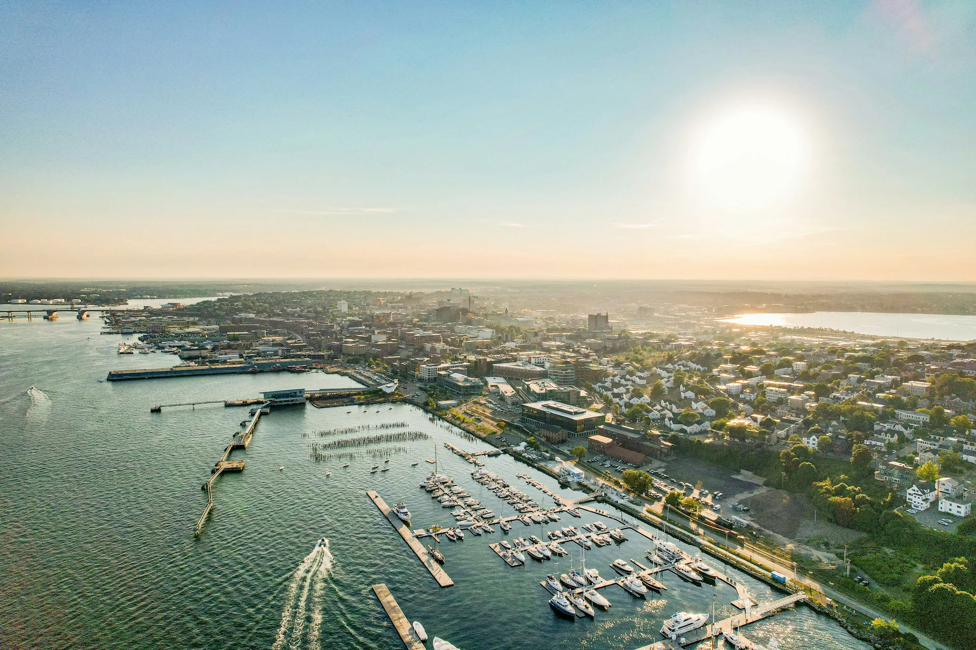 Aerial view of Portland, Maine harbor at sunrise