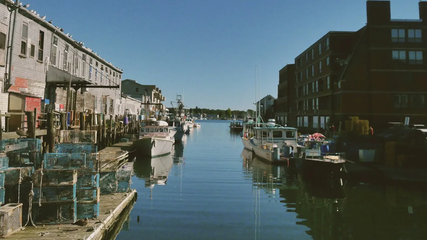 Working boats and lobster traps along Portland, Maine's waterfront