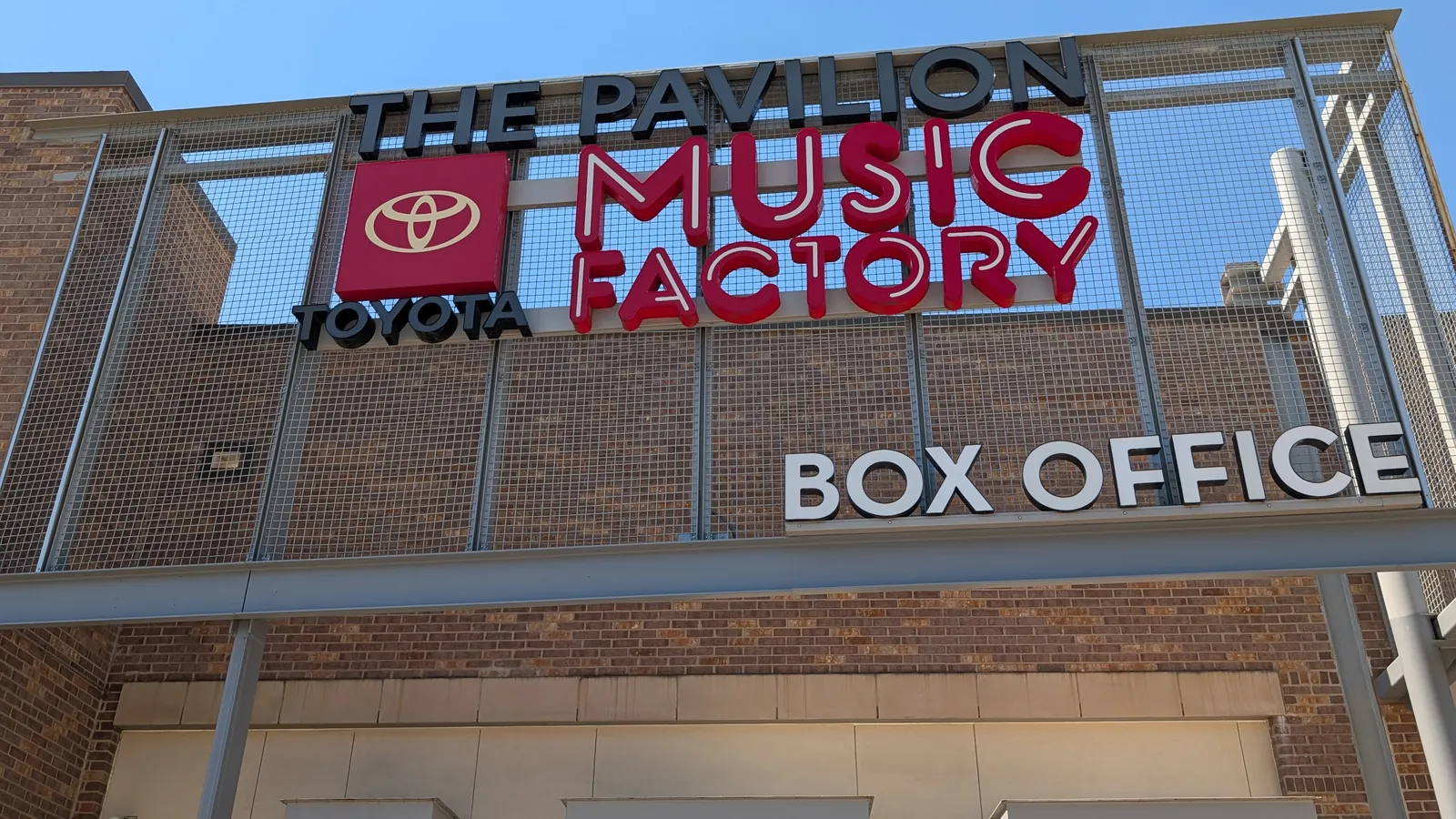 The Pavilion at Toyota Music Factory box office sign.