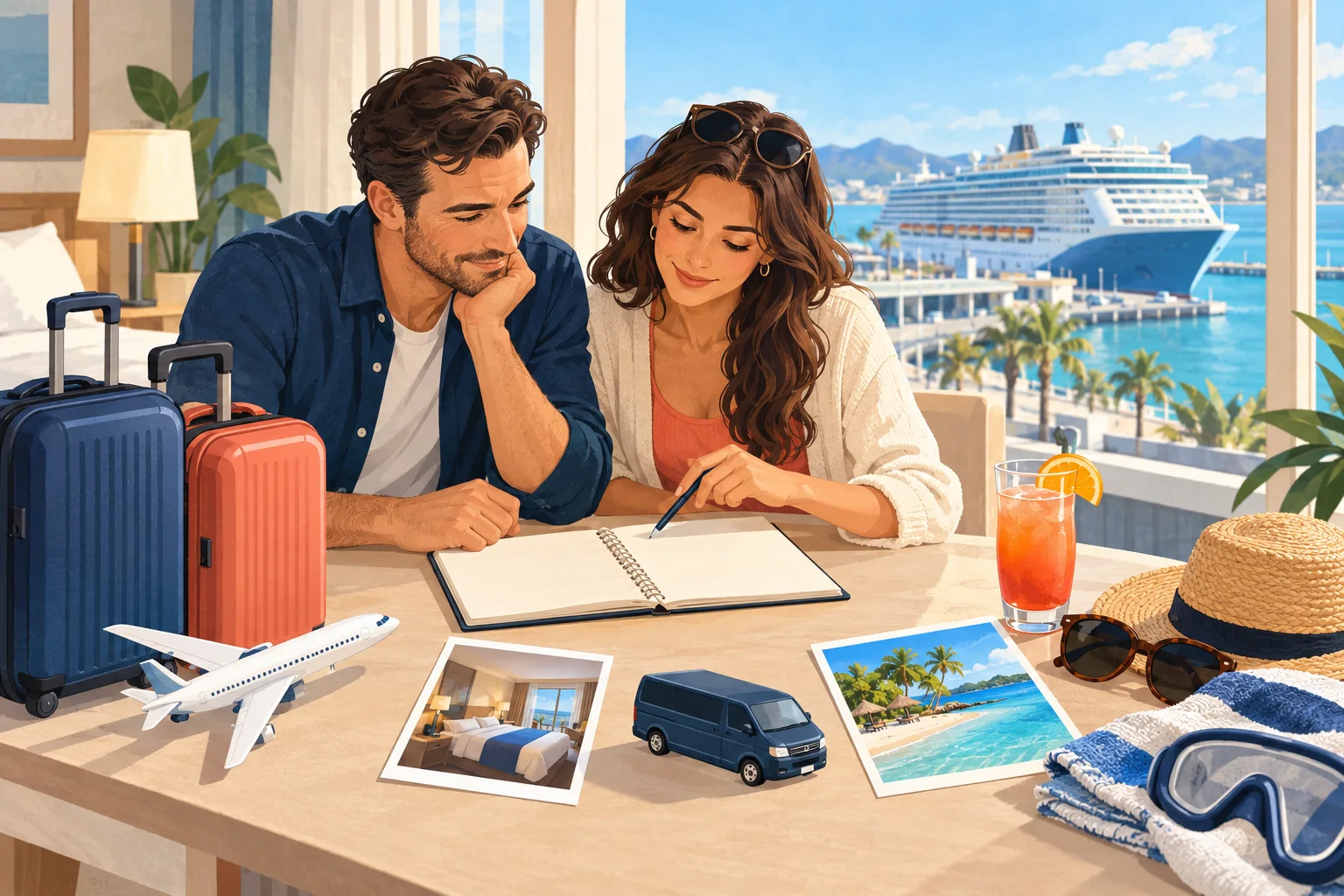 Illustrative scene of two travelers planning cruise costs beside compact luggage and travel symbols
