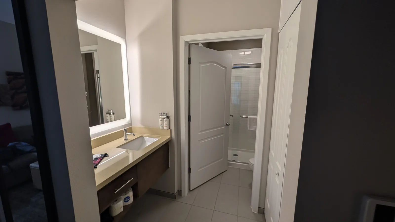 Bathroom vanity and doorway.