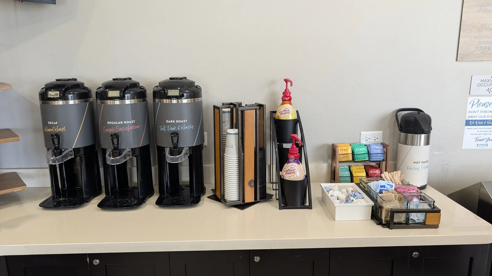 Coffee and beverage station at breakfast.
