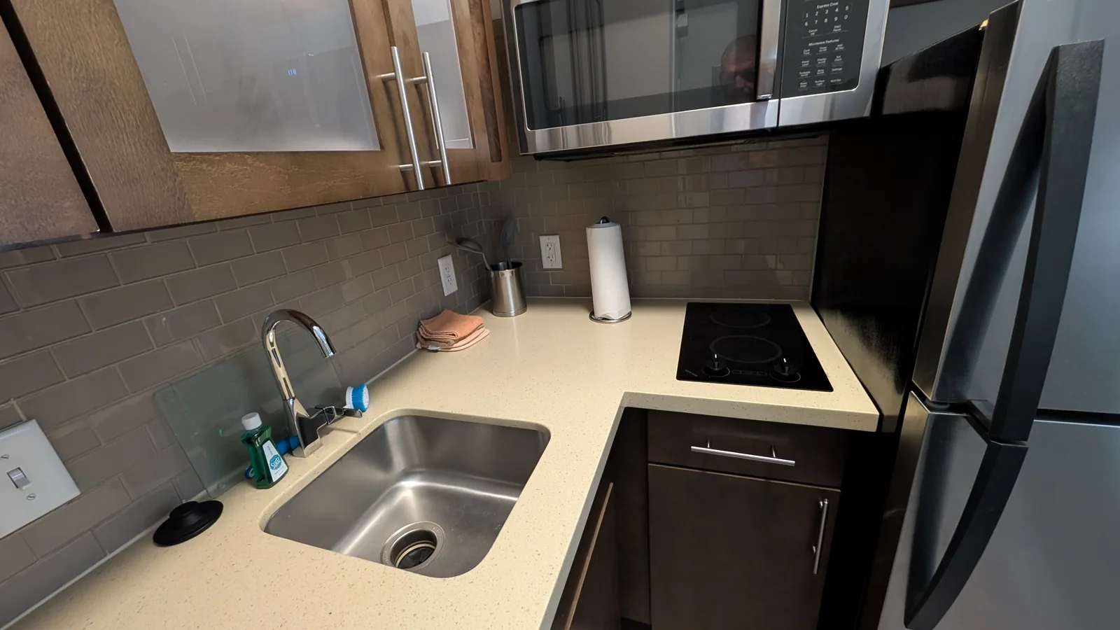 Sink and counter in the kitchenette.