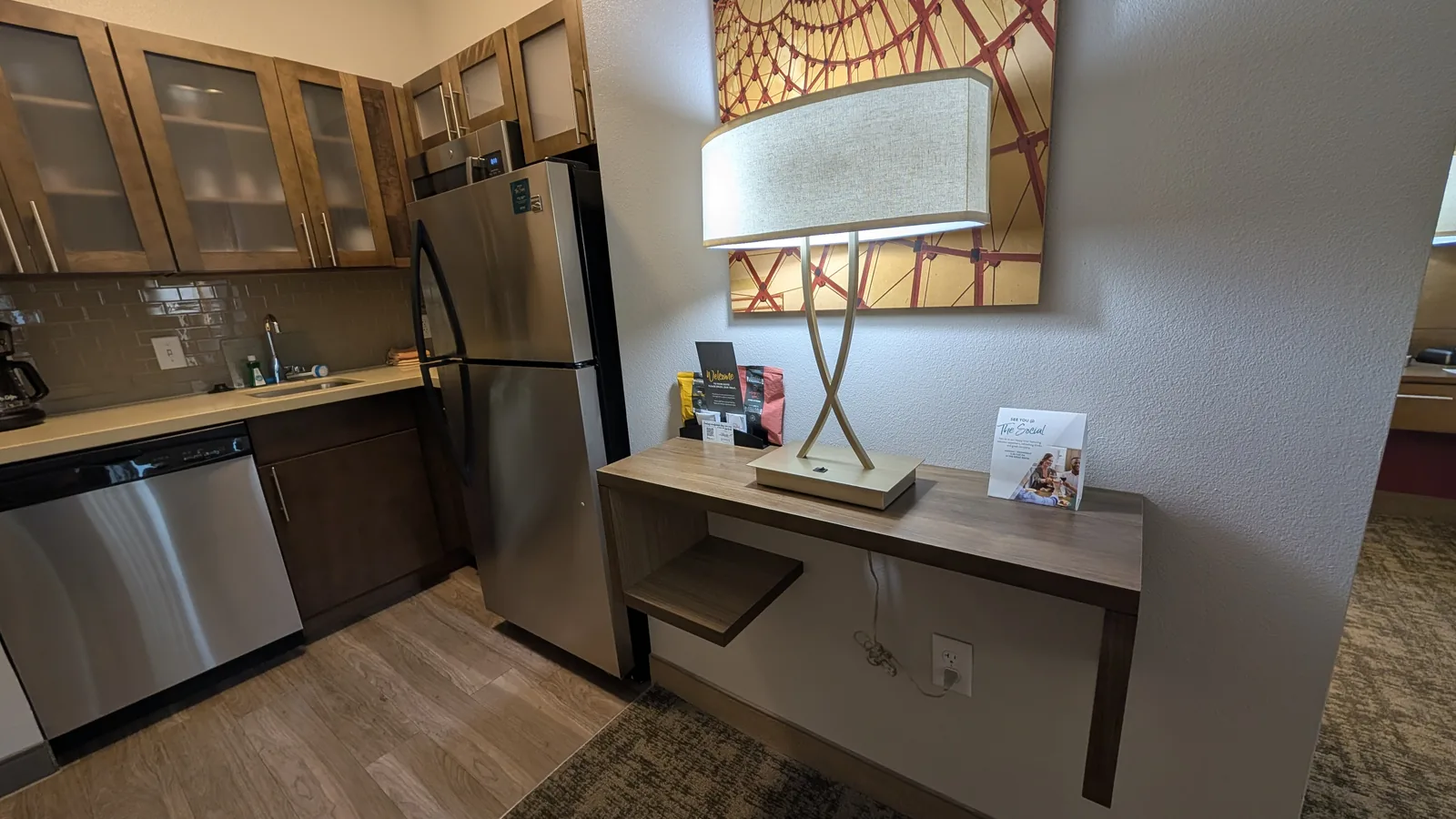 Entry table and kitchenette in the suite.