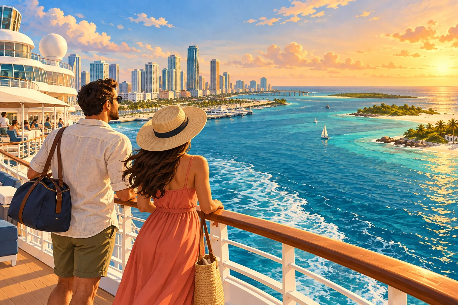 Illustrative scene of two travelers watching Miami and the Bahamas horizon from a cruise ship deck