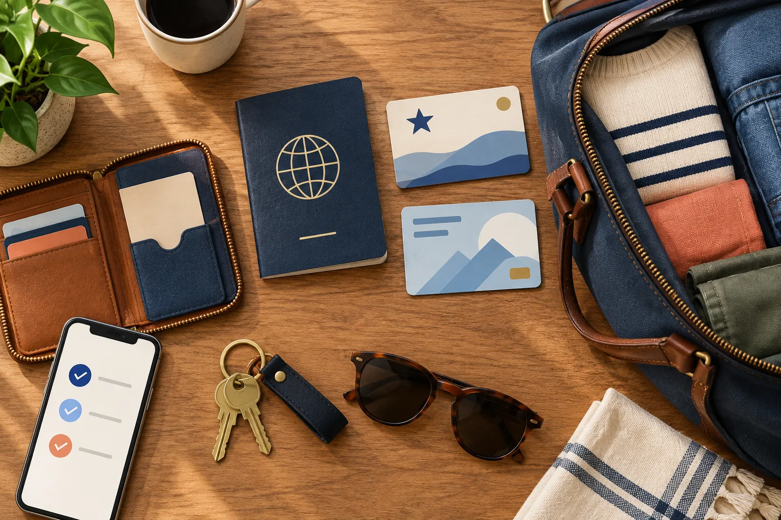Illustrated abstract passport and identity-card options arranged beside a packed weekend bag